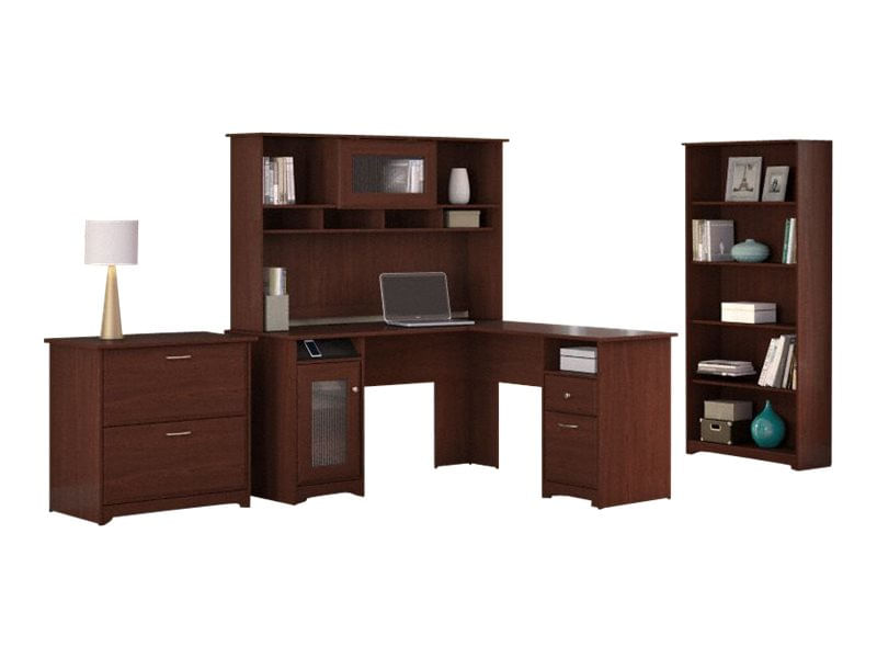 Bush Business Furniture Cabot 60W LShaped Corner Desk With Hutch Lateral File And 5Shelf Bookcase Harvest Cherry Standard Delivery