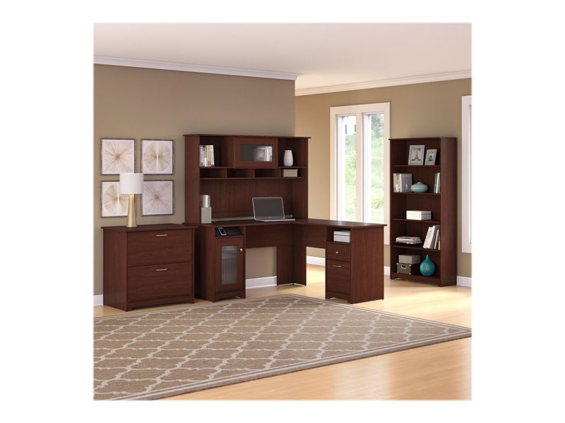 Bush Business Furniture Cabot 60W LShaped Corner Desk With Hutch Lateral File And 5Shelf Bookcase Harvest Cherry Standard Delivery