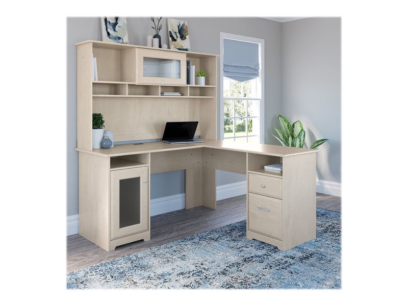 Bush Furniture Cabot 60W LShaped Computer Desk With Hutch Linen White Oak Standard Delivery