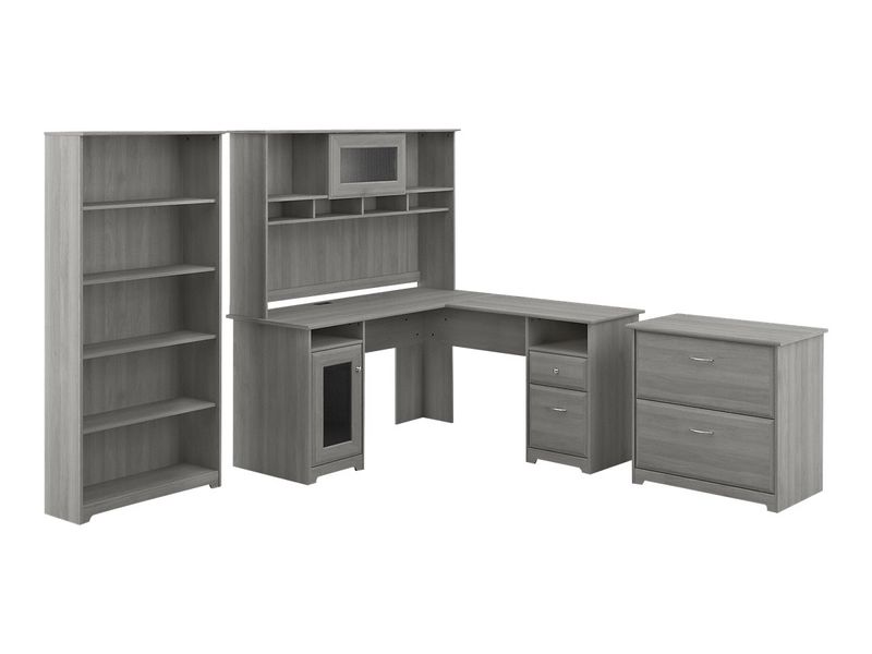 Bush Business Furniture Cabot 60W LShaped Corner Desk With Hutch Lateral File Cabinet And 5Shelf Bookcase Modern Gray Standard Delivery
