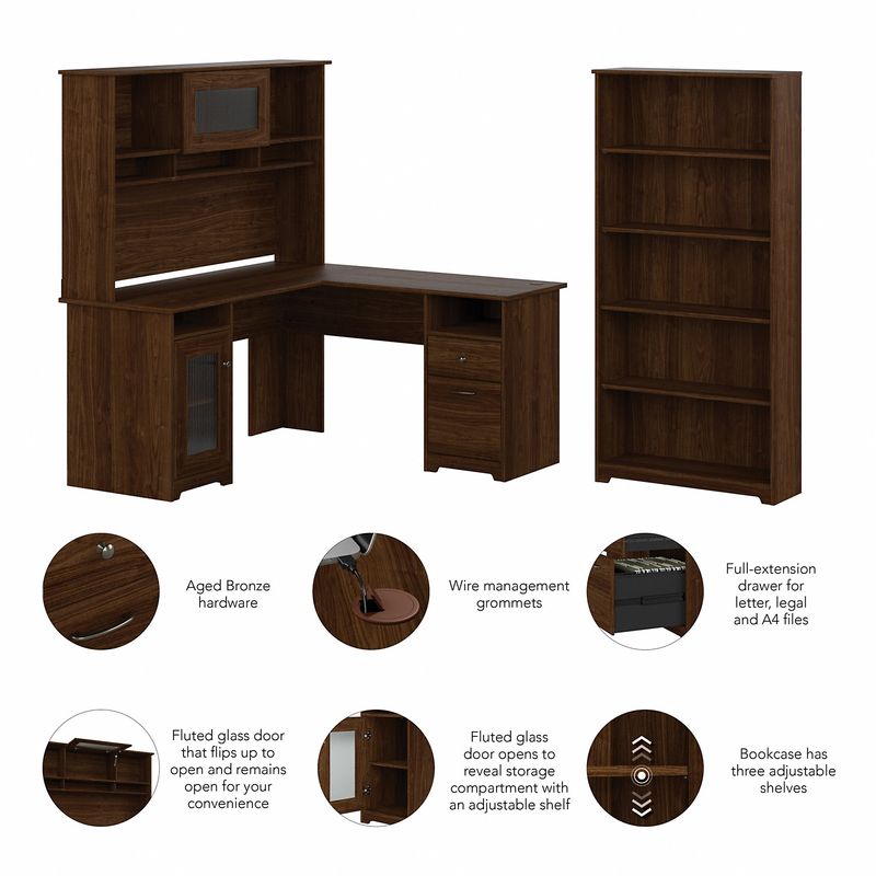 Bush Business Furniture Cabot 60W LShaped Corner Desk With Hutch And 5Shelf Bookcase Modern Walnut Standard Delivery