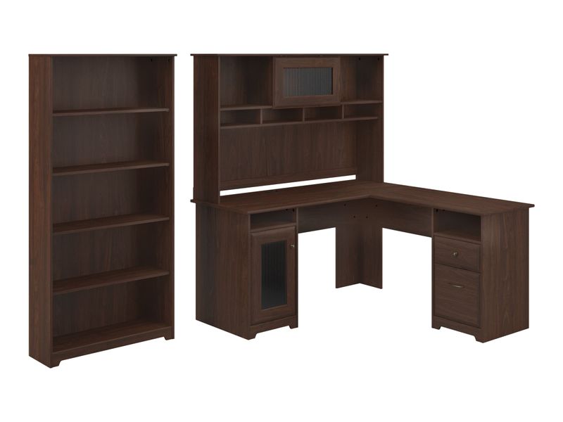 Bush Business Furniture Cabot 60W LShaped Corner Desk With Hutch And 5Shelf Bookcase Modern Walnut Standard Delivery