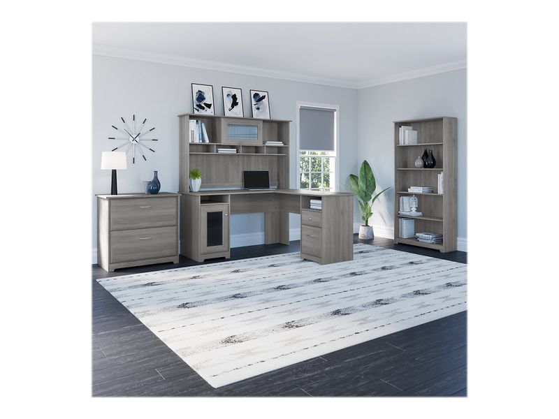 Bush Business Furniture Cabot 60W LShaped Corner Desk With Hutch Lateral File Cabinet And 5Shelf Bookcase Modern Gray Standard Delivery