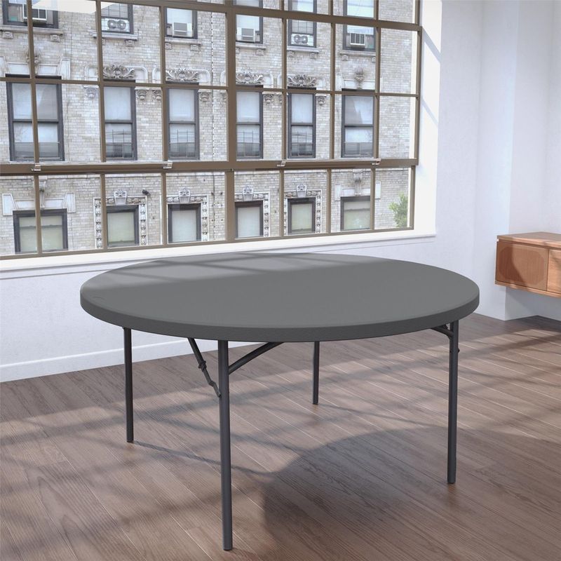 Dorel Zown Commercial Round Blow Mold Fold Table  Round Top  4 Legs  750 lb Capacity  60 Table Top Diameter  60535SGY1E