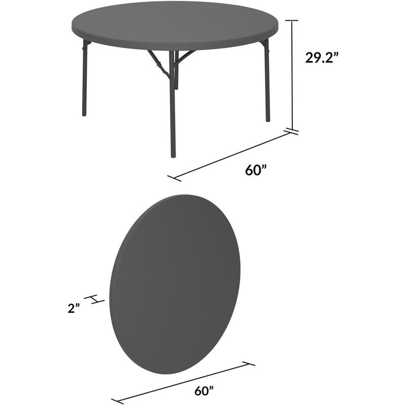 Dorel Zown Commercial Round Blow Mold Fold Table  Round Top  4 Legs  750 lb Capacity  60 Table Top Diameter  60535SGY1E